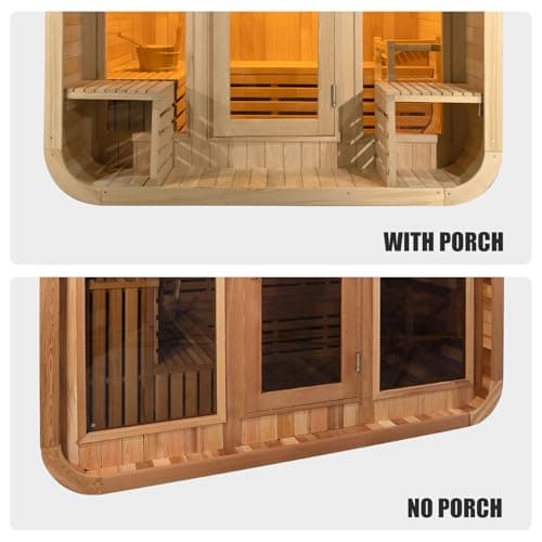 Customize Luxury Outdoor Sauna 6-10 Person, Canadian Hemlock, Red Cedar Sauna, Porch Option, Glass Window Option, Wood Burning Stove or Harvia Heater with Rocks, Extra Large Backyard Saunas (0-195 °F)