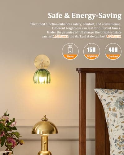 Vintage Battery Operated Wall Sconce with Green Tulip Glass Lampshade Wireless Rechargeable Battery Powered Wall Light with Remote Control for Bedside Bedroom Doorway, Set of 2