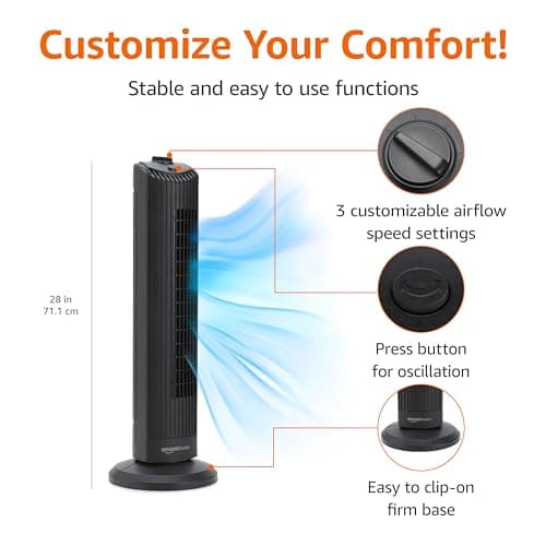 Amazon Basics 28" 60-Degree Oscillating Tower Fan for Bedroom, Living Room, Office, With 3 Speeds, Intuitive Mechanical Control, Black, 35W, 27.8"H x 9.4"D x 9.4"W
