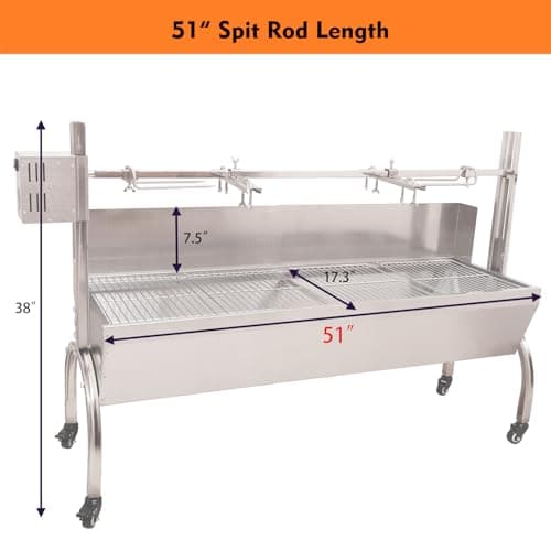 50W Rotisserie Grill With Wind Screen - 51 Inch BBQ Outdoor Pig & Lamb Spit Roaster - 132LBS/60KG Stainless Steel Charcoal Spit Rotisserie Grill for Camping & Outdoor Barbecue