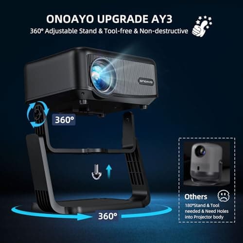 [360°Adjustable Stand] Mini Projector with WiFi and Bluetooth: Electric Focus & Auto Keystone 1080P 500 ANSI Bluetooth Projector, ONOAYO AY3 Portable Movie Phone Projector for Home Upgrade Black