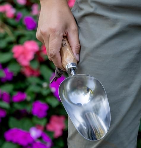 Burpee 15" Stainless Steel Soil Scoop | Durable Long Lasting Garden Tool | Leather Wrist Strap 5" Handle, Oak