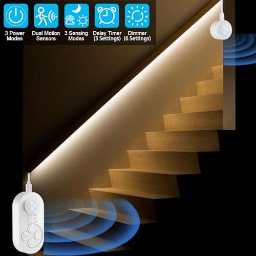 Dual Motion Sensor Light Indoor - Plug-in Motion Activated LED Stair Light Strip Step Light with Double Sensors, Dimmer And Timer for Stairway, Bedroom, Corridor (Warm White 3000K 16.4FT Light Strip)