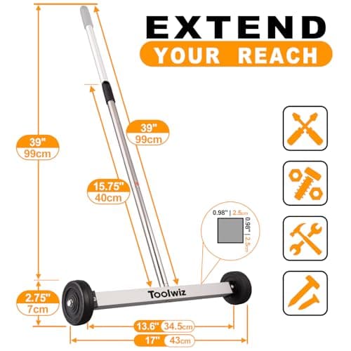 Toolwiz Magnetic Pick Up Sweeper 17-inch Heavy Duty Magnet Pickup Lawn Sweeper Roofing Tools, 8.8 Lbs Yard Tools with Telescoping Holder and Wheels to Clean Nails Adjustable Handle for Construction