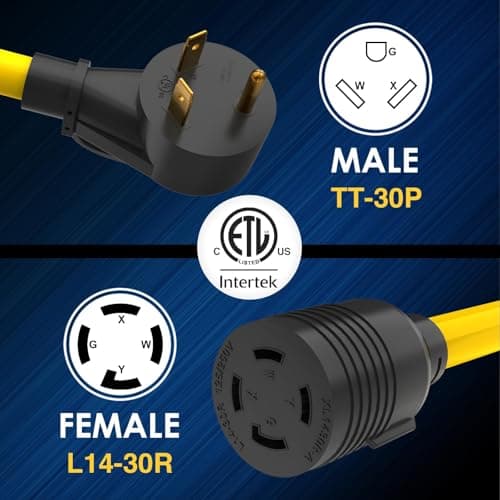 Generator Transfer Switch Adapter Cord TT-30 RV 30Amp to L14-30 Flexible with Ergonomic Handle, 30 Amp 3 Prong to 4 Prong 10 AWG Generator Plug Adapter, RV Generator Plug to Inlet Box 1FT