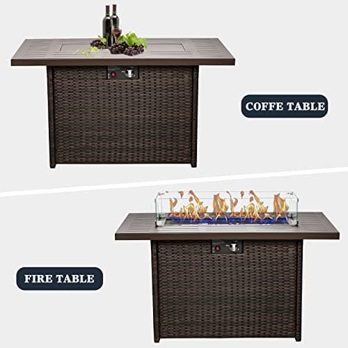 44 Inch Propane Gas Fire Pits Table for Outside Patio, 60000 BTU Rectangular Outdoor Wicker Rattan Fire Pit with Glass Wind Guard