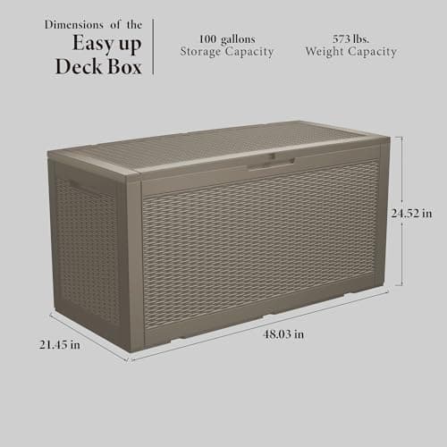 100 Gallon Lockable Resin Deck Box, Waterproof & UV-Resistant Outdoor Storage Box for Cushion Storage and Outdoor Delivery Storage,Coffee