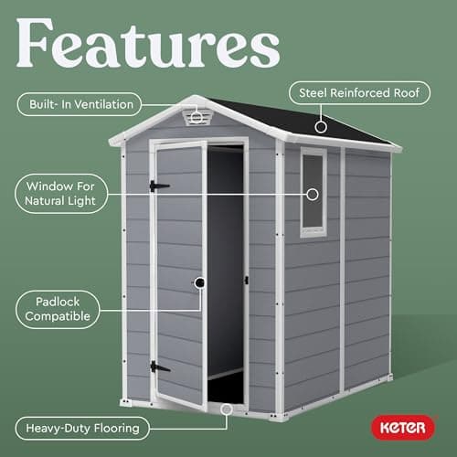 Keter Manor 4x6 Resin Outdoor Storage Shed Kit-Perfect to Store Patio Furniture, Garden Tools Bike Accessories, Beach Chairs and Lawn Mower, Grey & White