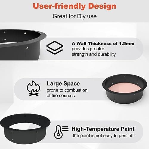Koutemie Outdoor Fire Pit Ring Liner 40-Inch Outer/36-Inch Inner Diameter, Heavy Duty Solid Metal Steel Round Firepit Rim Insert for Outside DIY Campfire Ring Above or In-Ground, Black