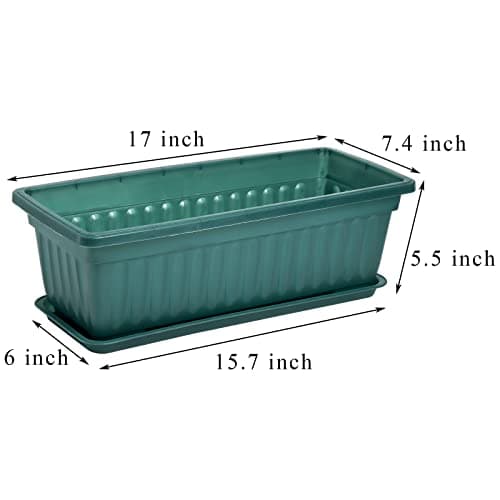 Fasmov 7 Pack 17 Inches Flower Window Box Plastic Vegetable Planters with Trays Vegetables Growing Container Garden Flower Plant Pot with 7 Pcs Plant Labels for Balcony, Patio, Garden, Green