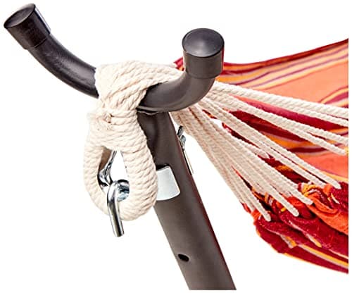 Amazon Basics 2 Person Heavy Duty Double Hammock with 9-Foot Space Saving Steel Stand and Carrying Case Outdoor, 450 lb Capacity, Sunset Orange, Stripe, 110 x 47 x 43 Inches