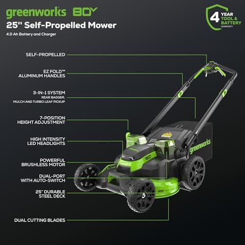 Greenworks 80V 25" Brushless Cordless (Self-Propelled) Dual Blade Lawn Mower (LED Headlight + Aluminum Handles), 4.0Ah Battery and Rapid Charger Included