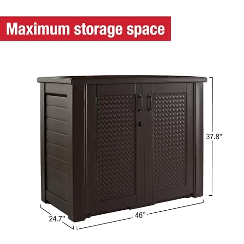Rubbermaid Decorative Outdoor Storage Cabinet (123 Gal), Weather Resistant, Dark Brown, Organization for Home/Backyard/Pool Chemicals/Toys/Garden Tools/Porch/Patio Cushions