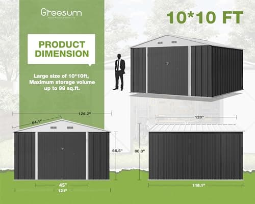 Greesum Outdoor Storage Shed 10 x 10 ft. Utility Tool Shed Metal Storage Garden Shed with Door & Lock for Patio Storage, Gray