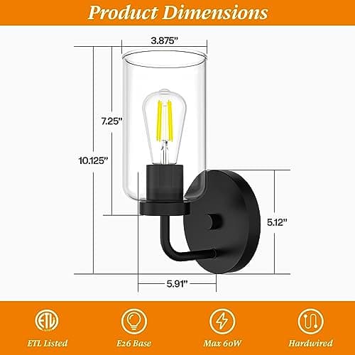 Zevluck 1-Light Wall Sconce, Modern Wall Light Fixtures with Clear Glass Shade, Matte Black Bathroom Vanity Light, Hardwired Vanity Wall Lamps for Bathroom, Bedroom, Living Room, Stairs, Hallway