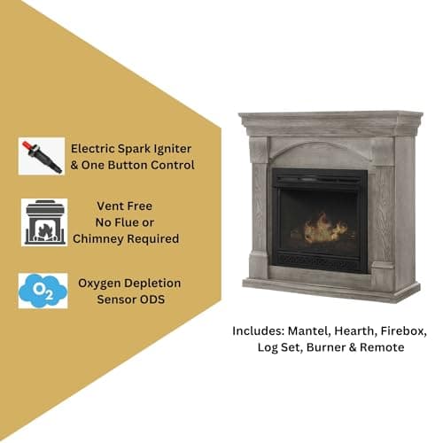 Comfort Glow Dual Fuel Ventless Gas Fireplace with Mantle The Halifax, Adjustable Thermostat, Natural Gas or Liquid Propane, 26,000 BTU, Heats 950 sq ft - Pewter Oak Finish Gas Fireplace