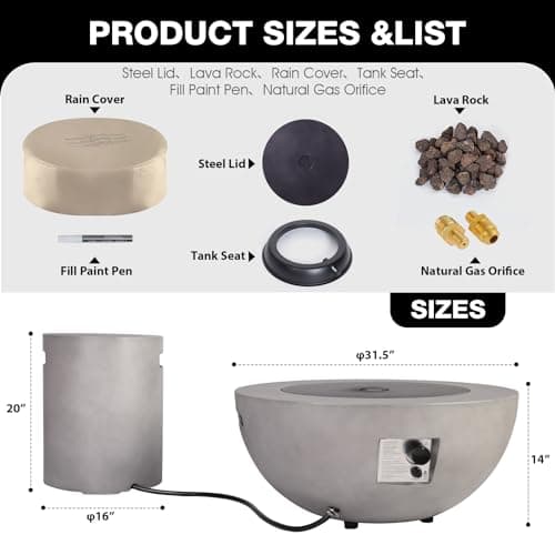 31.5 Inch Outdoor Propane Fire Pit Table 2-Piece 50,000 BTU Gas Fire Pit Concrete Round Burner Tank Cover Fire Coffee Table with Lid for Garden,Deck-31.5" Grey