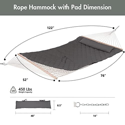 ANOW Outdoor Rope Hammock with Spreader Bars, Heavy Duty Hammock with Pad for Outdoors Indoors, 450 LBS Weight Capacity, Gray