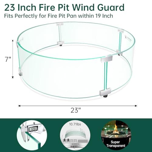 Fire Pit Wind Guard - 23" x 23" x 7" Round Fire Pit Glass Wind Guard for Outdoor Gas Fire Pit Table, Thick and Durable Tempered Glass w/Hard Aluminum Corner Brackets, Easy Assembly