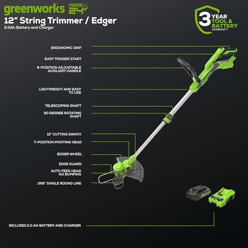 GreenWorks 24V Cordless String Trimmer/Edger (Gen 2), 12" Cutting Width, Ultra-Light 6 lbs Design, Women & Senior-Friendly, 2.0Ah Battery & Charger