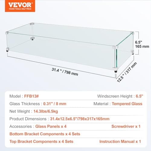Glass Wind Guard for Rectangular Fire Pit Table 31 x 12.5 x 6.5 Inch, 0.31 inch Thick and Sturdy Tempered Glass Panel with Hard Aluminum Corner Bracket & Rubber Feet, Easy to Assemble