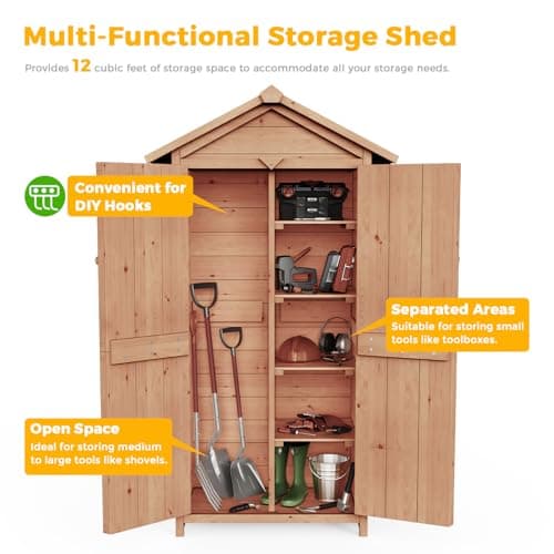 66" Outdoor Storage Shed with Double Doors, Large Wooden Capacity Storage Tool Cabinet Box with Waterproof Roof, Garden Wood Tool Shed for Yard Deck Lawn Farmland (Cherry)