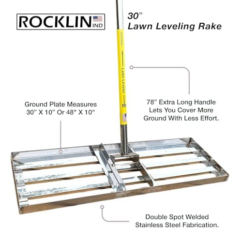 Rocklin™ Lawn Leveling Rake | Levelawn Tool | Level Soil or Dirt Ground Surfaces Easily | 30” x 10” Ground Plate | 78” Extra Long Handle | Stainless Steel