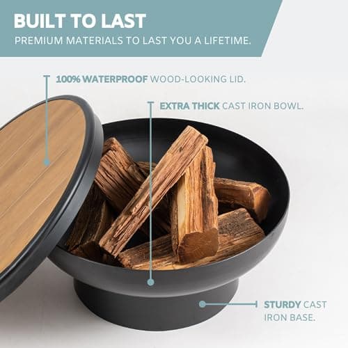 Cast Iron Fire Pit Table with Lid, Extra Thick and Heavy Duty Fire Bowl, Deep Round Firepit for Outdoor Bonfire Gatherings, Wood Burning Firepits for Outside Patio, Modern Outdoor Fire Pits
