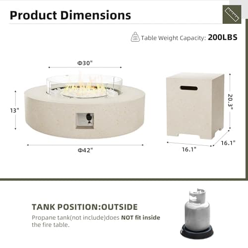 UPHA 42-inch Outdoor Propane Gas Fire Pit Table 50000 BTU Concrete Rectangle FirePit for Outside Patio with Propane Tank Cover, Wind Guad, White Glass Rocks, Rain Cover,Beige