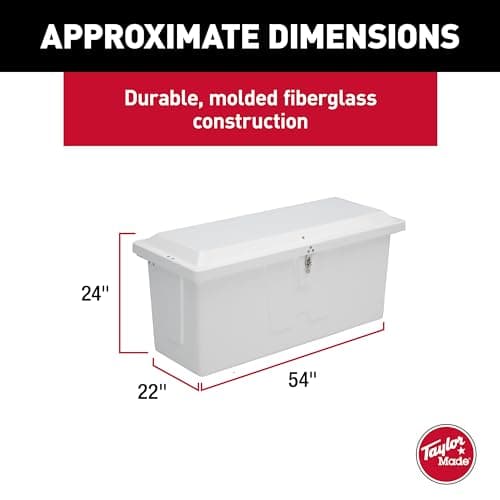Taylor Made Stow 'N Go Small Fiberglass Dock Box, White (24"H x 54"W x 22"D) – Fiberglass construction, UV gelcoat finish, stainless steel lockable latch and hardware – 2020108652
