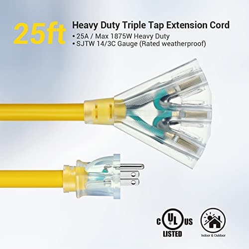 DEWENWILS 25 FT 14/3 Gauge Extension Cord Outdoor Tri-Tap Extension Cord Splitter, Heavy Duty Power Cable SJTW 15 Amp for Multiple Appliances, LED Lighted Plug, ETL Liste