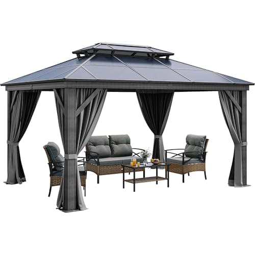 YITAHOME 10X12FT Hardtop Polycarbonate Gazebo Outdoor Patio Double Top Canopy Galvanized Iron Aluminum Column Garden Tent Curtains Netting for Backyards Decks Lawns,Gray