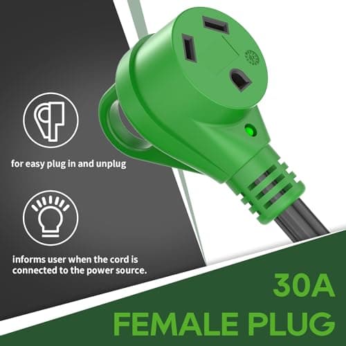 RVGUARD 4 Prong 30 Amp to 30 Amp RV Generator Adapter Cord 12 Inch, STW 10/3, L14-30P Locking Male Plug to TT-30R Female with LED Power Indicator, Green
