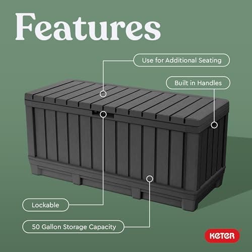 Keter Kentwood 92 Gallon Resin Deck Box-Organization and Storage for Patio Furniture Outdoor Cushions, Throw Pillows, Garden Tools and Pool Floats, Dark Grey