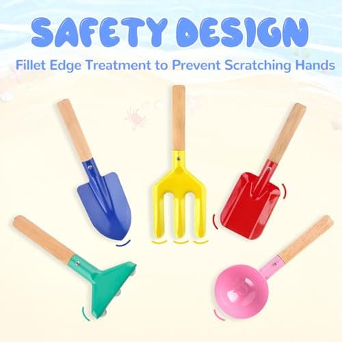 Beach Toys, 5 Pcs Kids Garden Tools, 8'' Children Beach Sand Toys Gardening Set with Sturdy Wooden Handle, Safe Kids Metal Beach Shovel with Spoon, Fork, Rake, Flat Shovel & Pointed Shovel