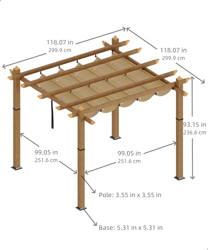 10 x 10 Ft Wood-Grain Aluminum Pergola Outdoor Pergola with Retractable Canopy Sun Shade Shelter for Garden, Patio, Backyard, Deck - Khaki