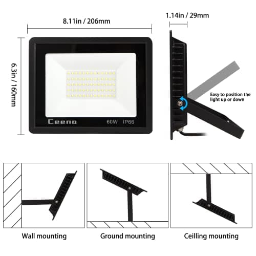 Ceena 2 Pack 60W Hardwired LED Flood Light Outdoor, 6000lm Super Bright Floodlight, IP66 Waterproof 6000K Daylight White Exterior Lights for Garage, Yard, Patio, Front Door