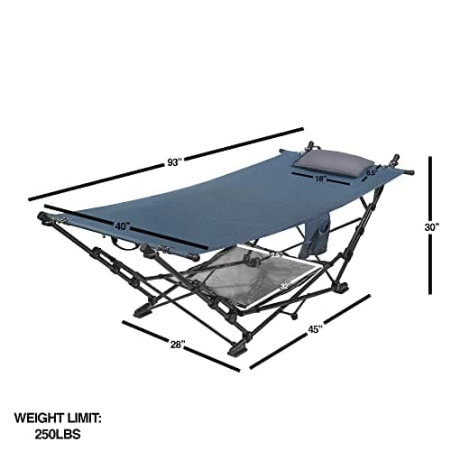 Zenithen Outdoor Patio Folding Collapsible Hammock with Sturdy Frame and Pillow, Perfect for Camping, Outdoor Recreation and as Patio Furniture, Blue (Pack of 1)