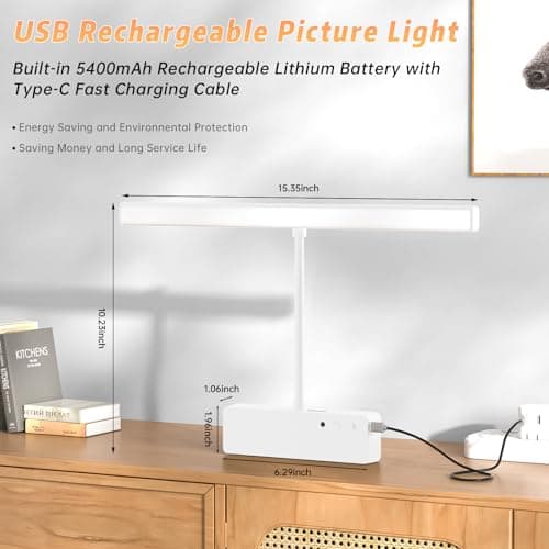 Picture Light with Remote, 15.35inch Wireless Rechargeable Battery Wall Light for Paintings, 3 Colors Paintings Light Dimmable and Timer Metal Art Light for Display, Wall, Artwork, Gallery (White)