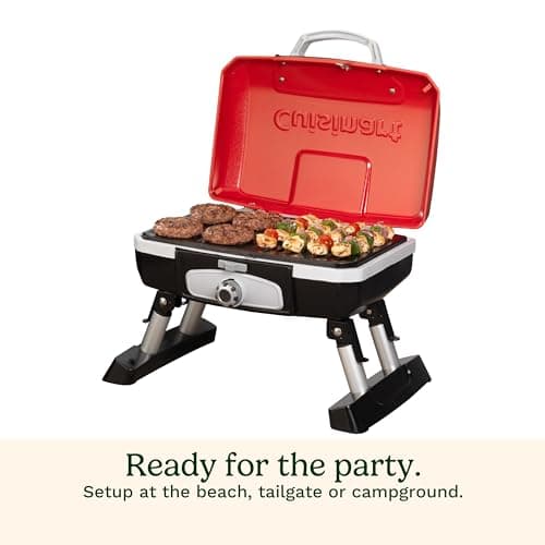 Cuisinart Petite Gourmet Portable Gas Grill, Compact & Lightweight Tabletop Small Grill for BBQs, Camping, Tailgates & Small Spaces, 5,500 BTU Burner Folding with Carry Handles, Red
