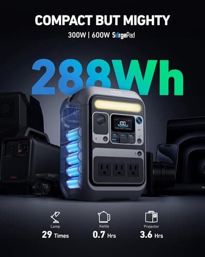 Anker SOLIX C300 Portable Power Station, Outdoor 288Wh LiFePO4 Battery, 300W (600W Surge) Solar Generator, 140W Two-Way Fast Charging, for Camping, Traveling, and Emergencies (Solar Panel Optional)