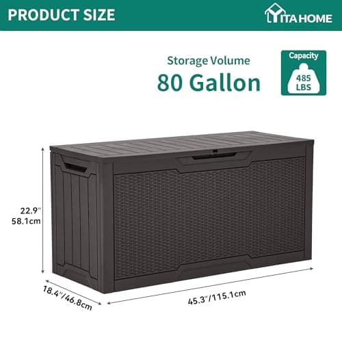 YITAHOME 80 Gallon Resin Deck Box, Weather Resistant Outdoor Rattan Storage Box, Lockable Indoor Outdoor Storage for Supplies and Essentials, Dark Brown