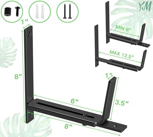 Y&M 2 Pack Adjustable Planter Box Brackets (6 to 12.5 in), Universal Window Box Brackets, Heavy Duty Iron Flower Box Wall Mounting Hooks for Balcony, Fences, Patio, and Garden - Black