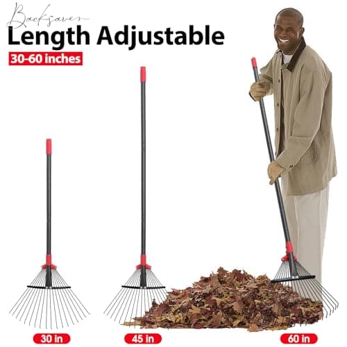 Rake, Adjustable Rake for Leaves with 9”-17” Rake Head, Rakes for Lawns Heavy Duty, 60 in Garden Rake with 18 Clog-Free Tines, Long Handle, Metal Rakes Tool for Gardening, Fast Cleanup Camping Rake