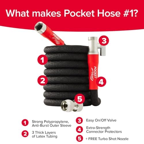 Pocket Hose Silver Bullet 2.0 Expandable Garden Hose 25-FT with Turbo Shot Nozzle, AS-SEEN-ON-TV, Lead-Free, Solid Aluminum Connectors, Easy On/Off Valve, Kink-Free, Leak-Proof