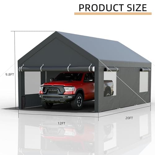 JY QAQA Carport, 12x20 FT Heavy Duty Carport with Removable Side Walls and Doors, Portable Garage with Roll-Up Window and Sandbags, Car Canopy with All-Season Tarp for Cars, Trucks, Boats, Gray