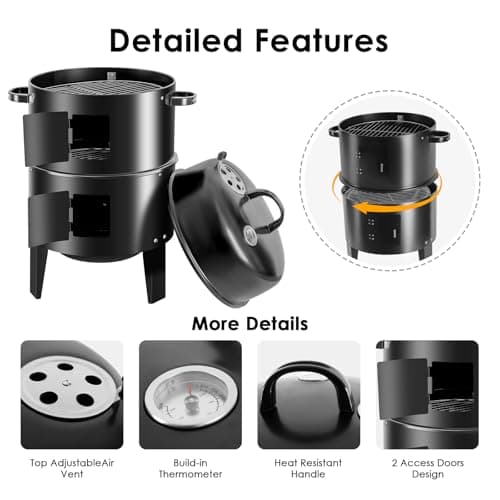 17-Inch Vertical 17-Inch 3-in-1 Charcoal BBQ Smoker, Heavy-Duty Portable Outdoor Grill with Built-in Thermometer, Dual Air Vents, and Multi-Level Cooking for Camping & Backyard Parties