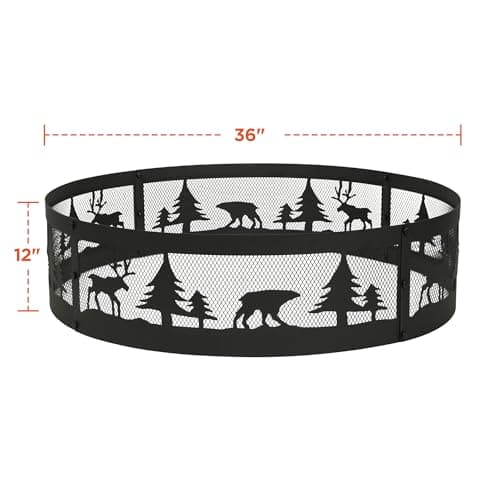 Red Mountain Valley 36 Inch Fire Pit Ring with 360° Forest & Wildlife Design, Portable Steel Wood Burning Firepit Ring for Outdoor Camping, Bonfires, Beach,Patio, fire Pit kit, Black