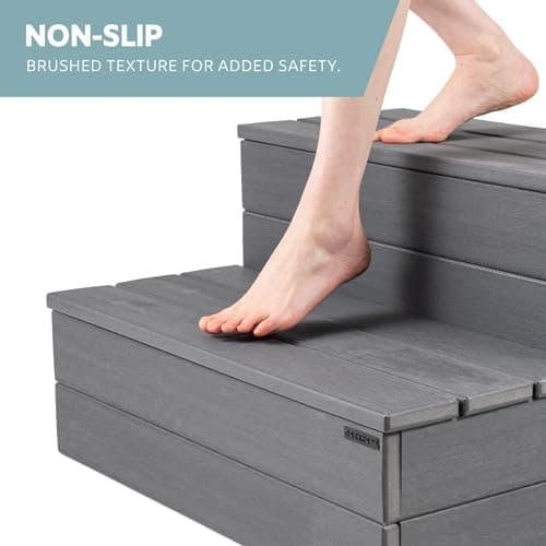 Hot Tub Steps - Wood-Looking Plastic, 100% Waterproof, Gray Non-Slip, Heavy Duty Outdoor Spa Stairs - Multi-Use for Porch, Fits Any Size