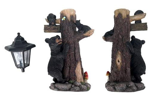 Bear Statue Welcome Sign Garden Statue with Solar Lights, 19 Inches Resin Bear Family on The Tree, Outdoor Bear Décor for Yard, Garden, Lawn, Patio, Black and Brown Animal Statue